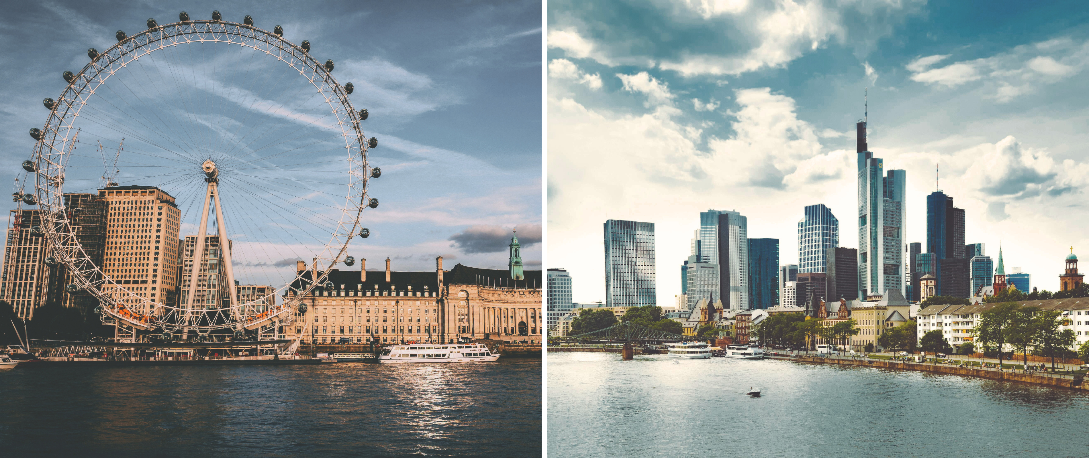 A divided picture showing a sunny day with the London eye in the left and a body of water in a sunny day in Frankfurt, Germany, Is Germany or the UK the Best Choice for Expats, Moving to Germany or the UK, Move to Germany With VanOne'